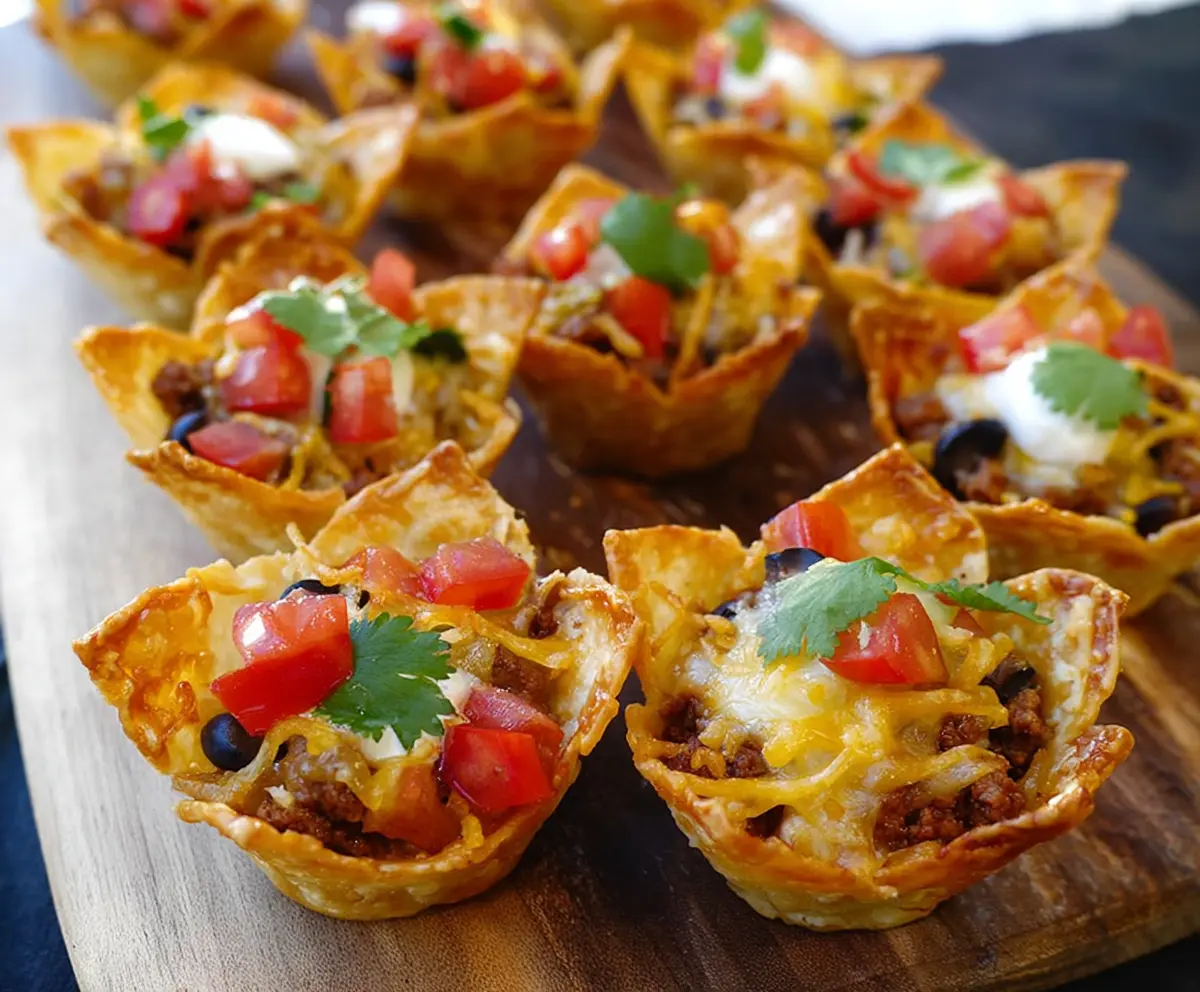 Delicious Crunchy Nacho Cups filled with melted cheese and jalapeños, perfect for snacking.