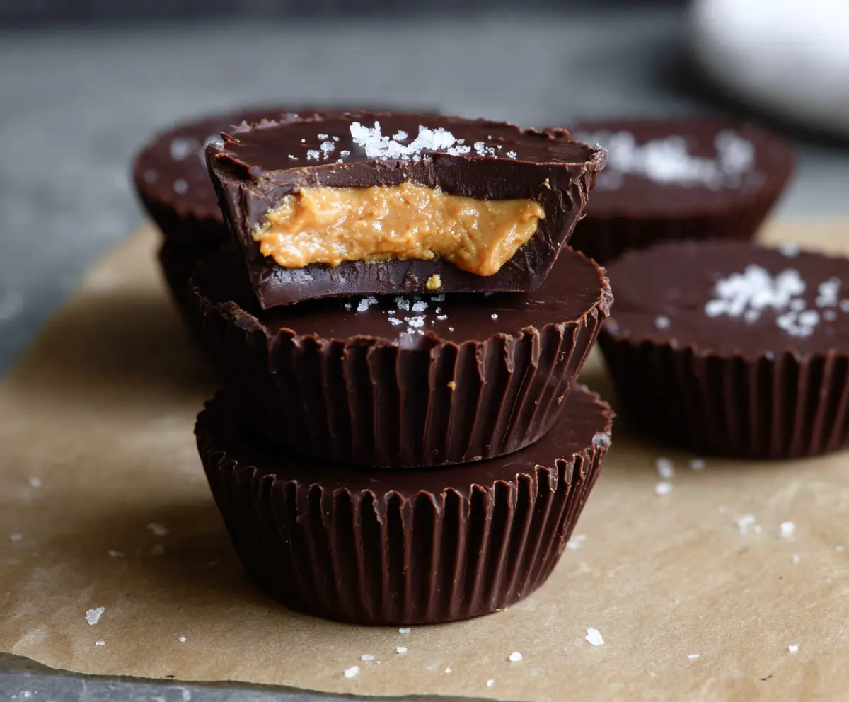 Homemade dark chocolate peanut butter cups on a white plate with glossy finish.