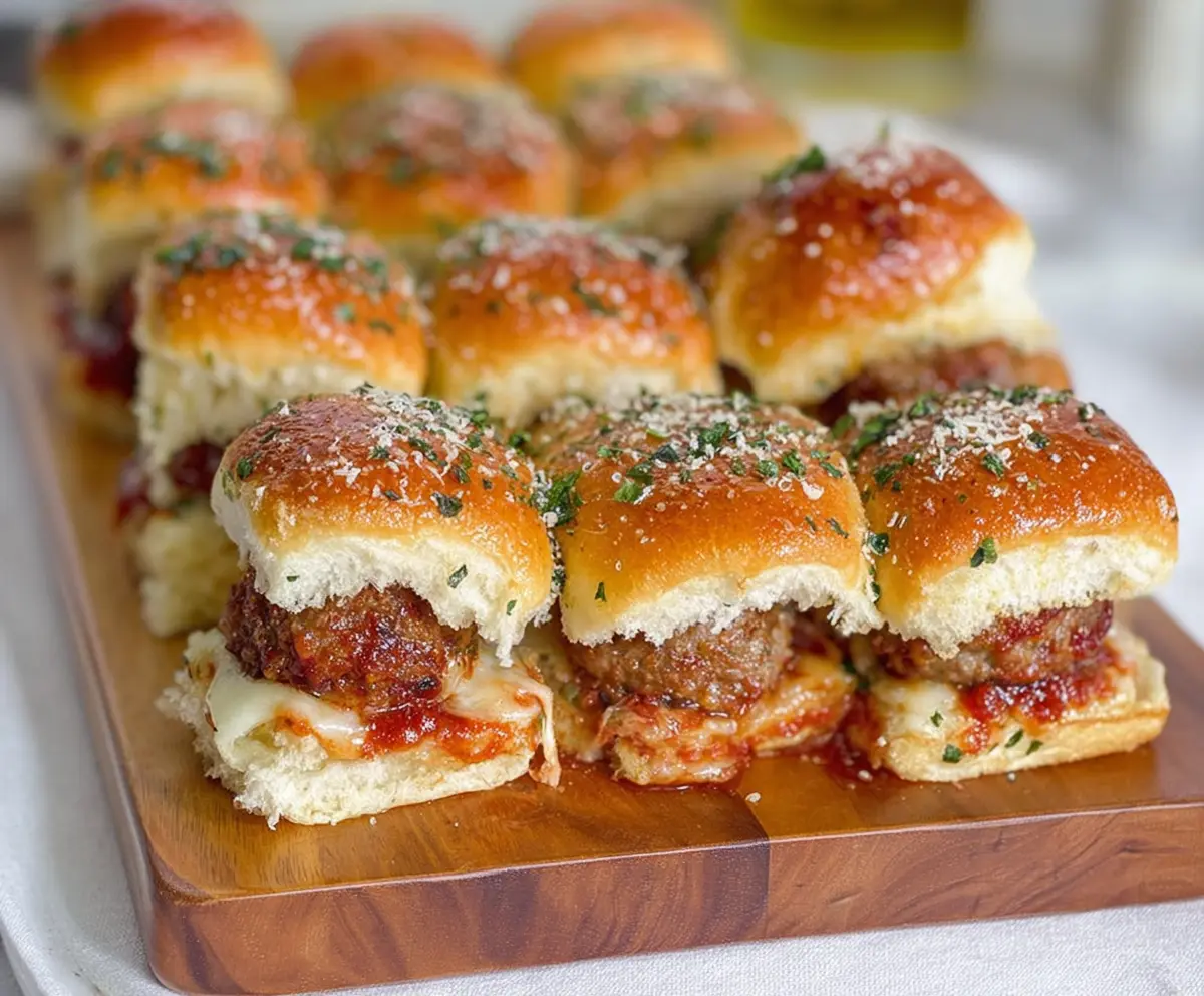 Delicious garlic Parmesan meatball sliders topped with melted cheese and fresh herbs.