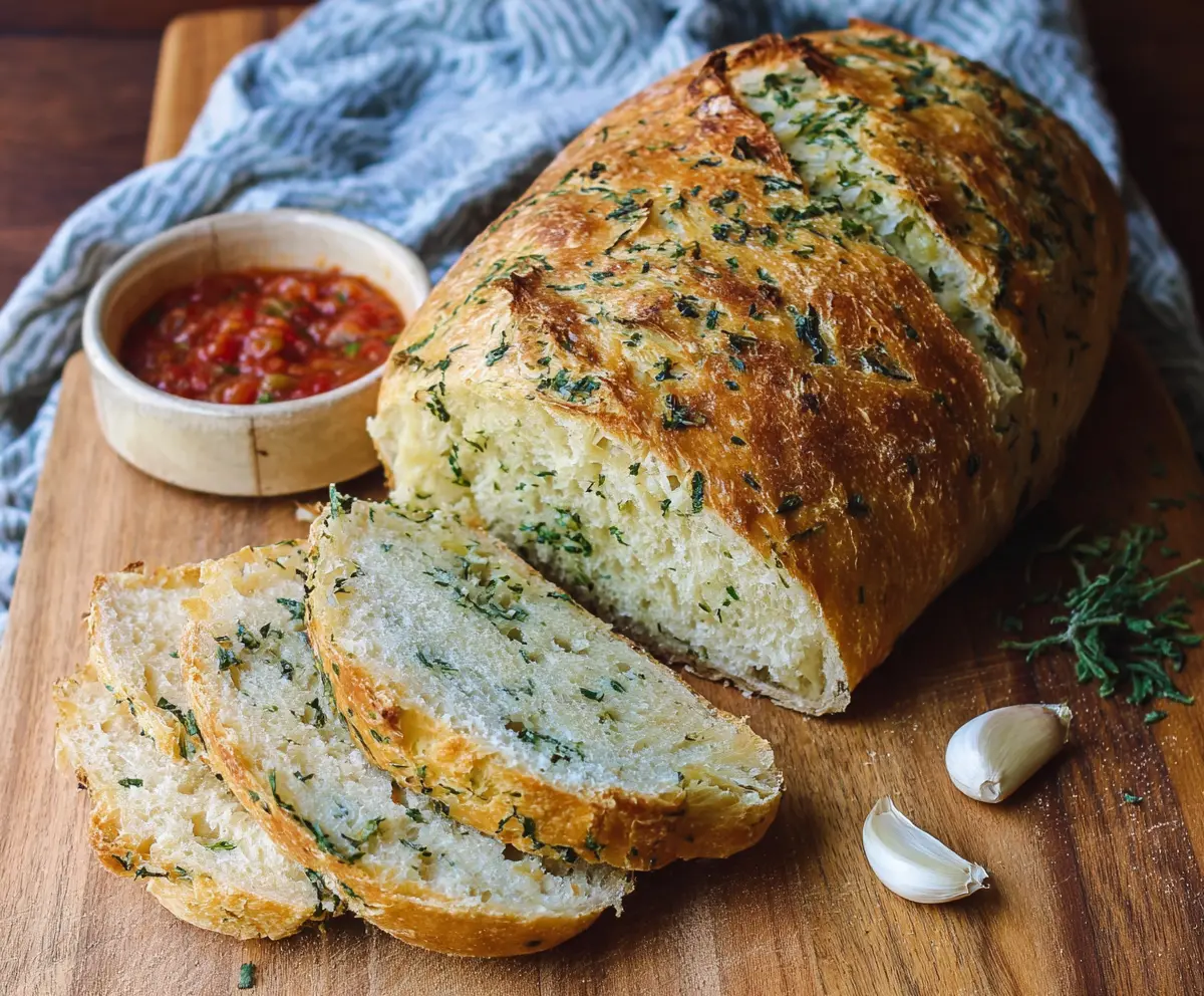 Freshly baked garlic and herb sourdough bread with a crusty golden exterior and aromatic herbs.