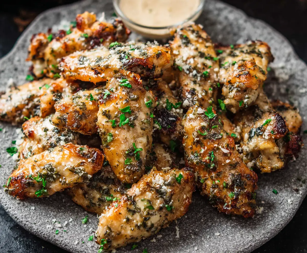 Crispy garlic Parmesan wings garnished with fresh parsley on a white plate, perfect for appetizer lovers.