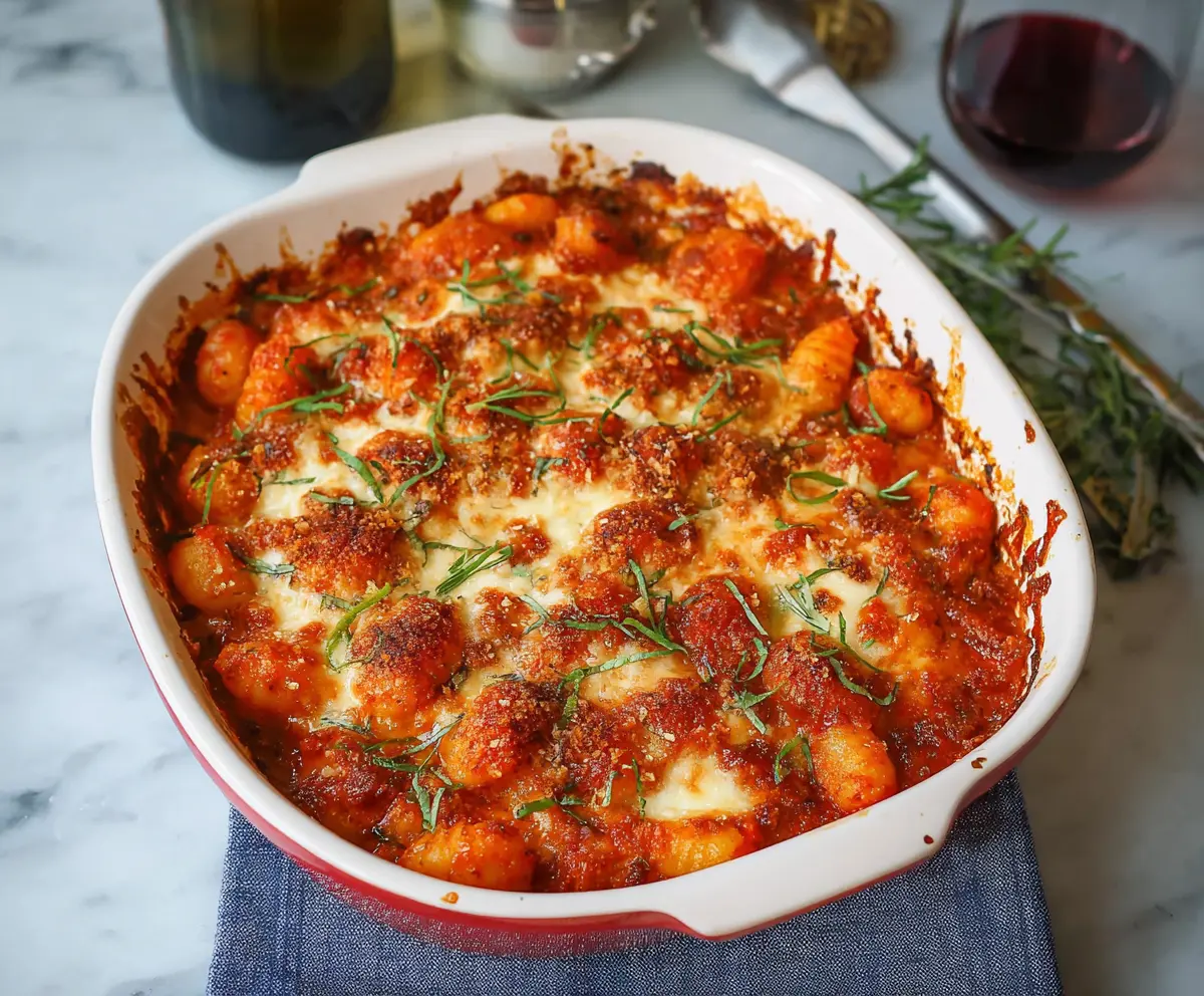 Baked gnocchi pasta dish with melted cheese and herbs, savory and hearty gluten-free meal