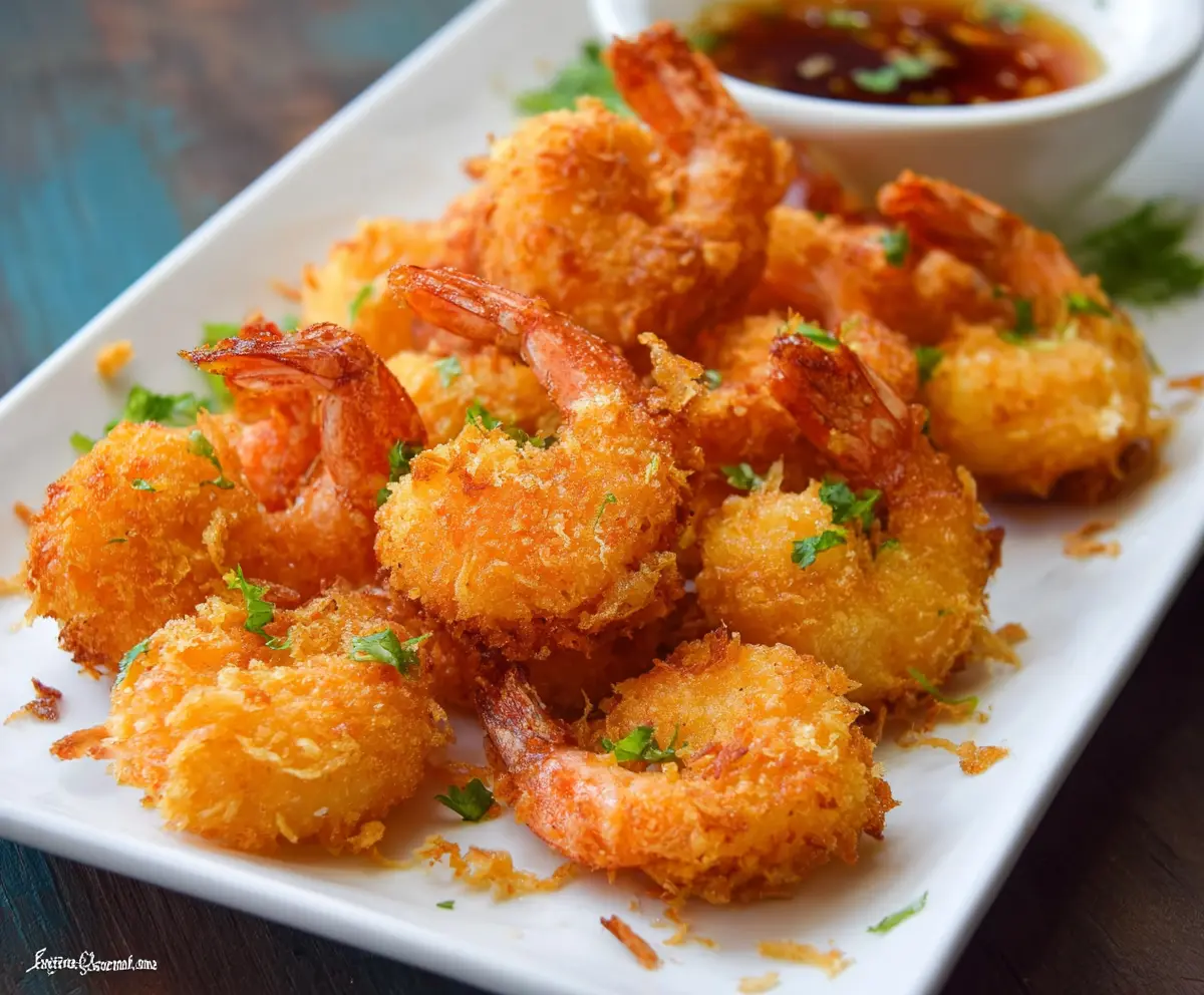 Golden crispy fried shrimp served with a tangy dipping sauce, perfect for appetizers or a seafood feast.