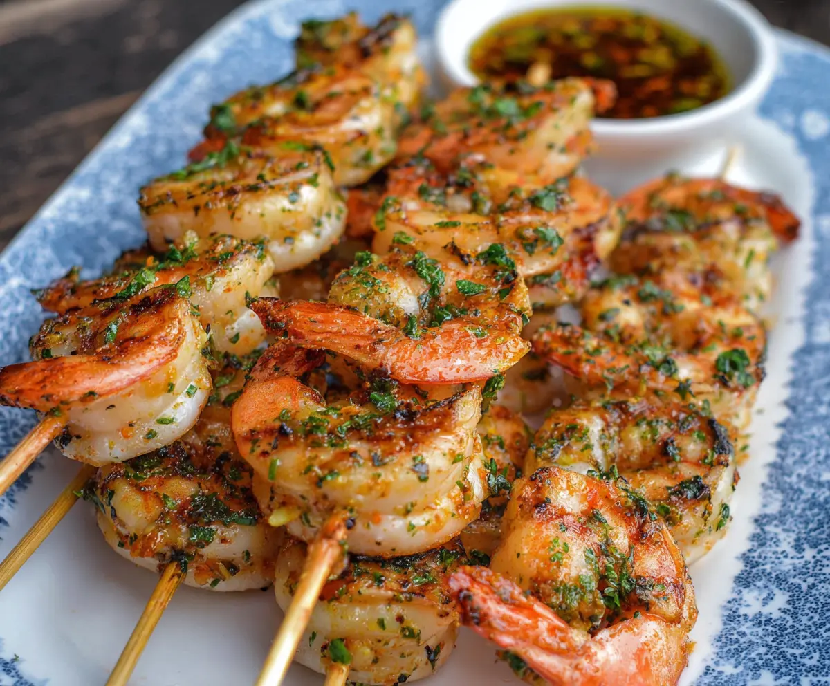 Delicious grilled shrimp kebabs served with fresh vegetables on skewers for a flavorful outdoor meal.