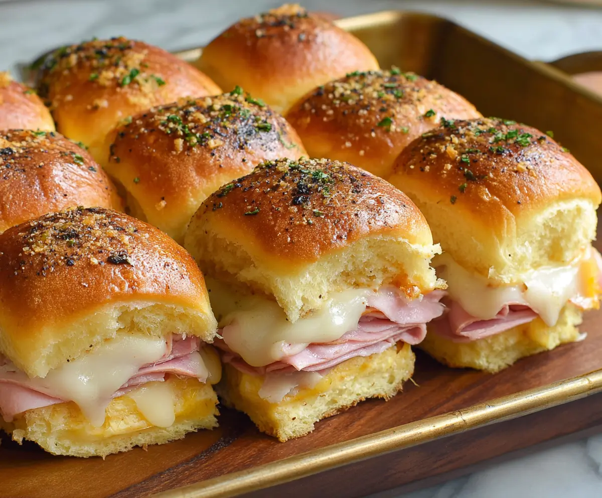 Delicious Ham and Cheese Hawaiian Roll Sliders served on a plate, perfect for a tasty appetizer or snack.