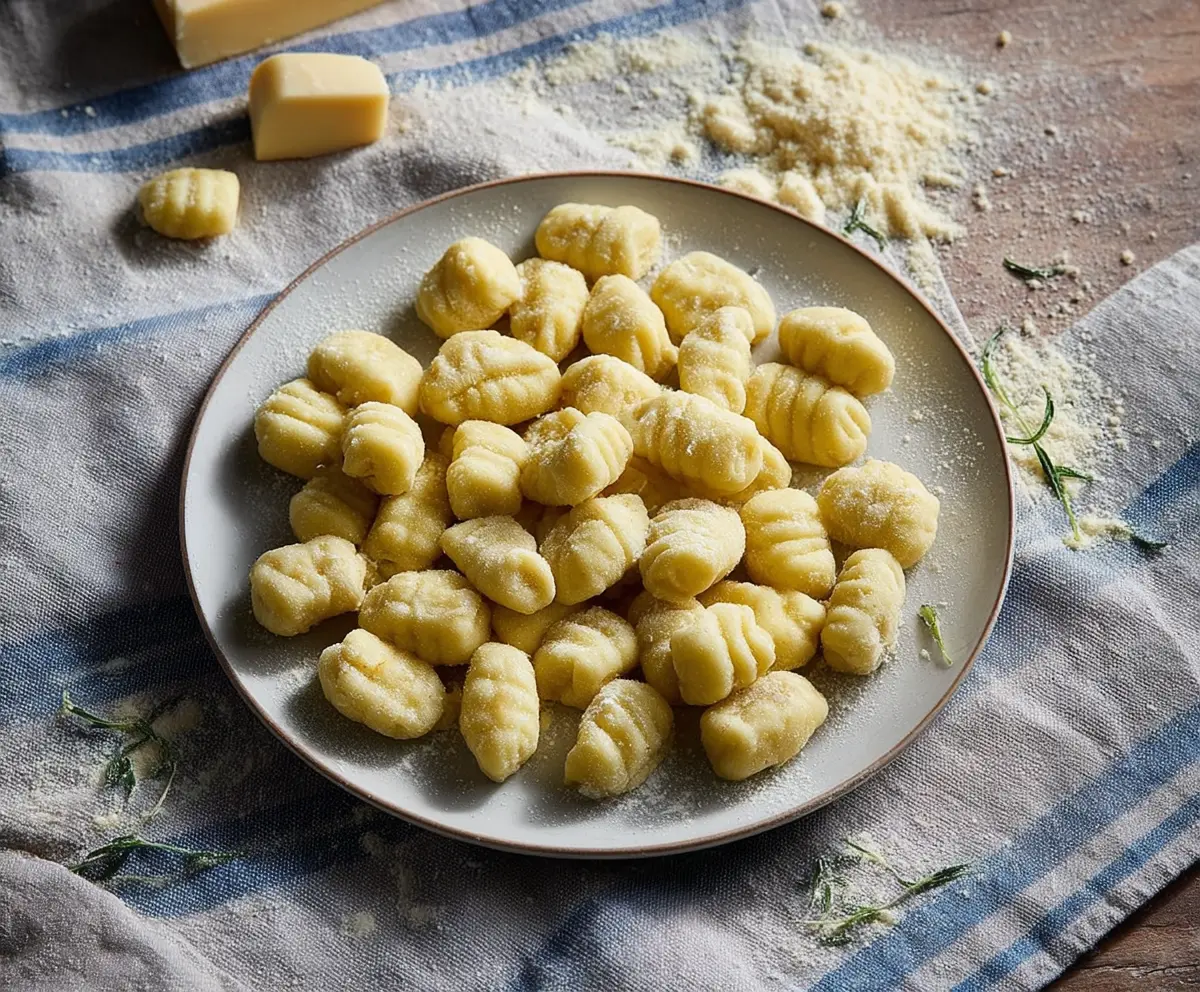 Homemade potato gnocchi served with fresh herbs on a rustic wooden table