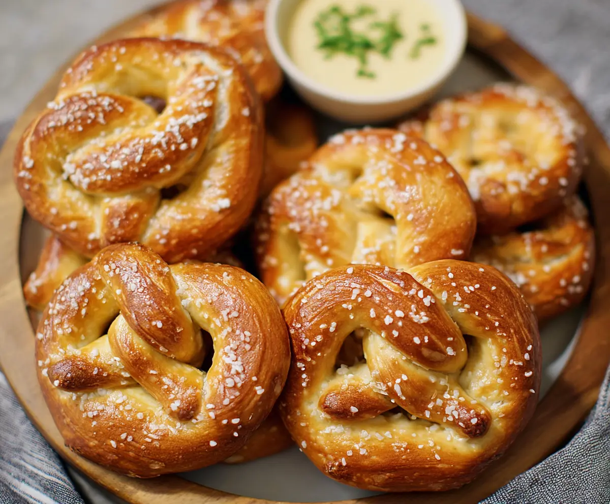 Delicious homemade pretzels served with creamy queso dip, perfect for snack time.