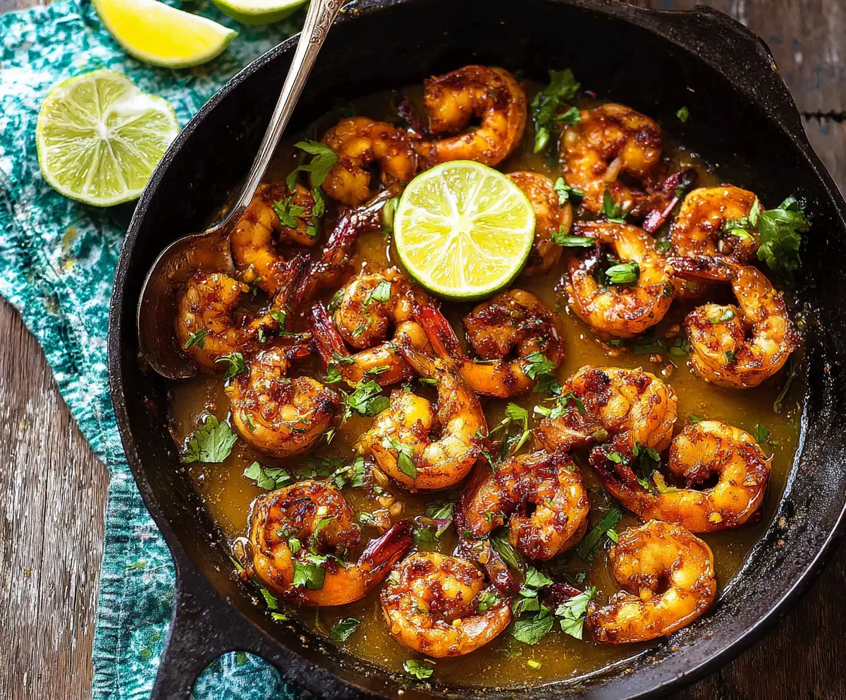 Juicy honey butter garlic shrimp served on a plate garnished with fresh herbs