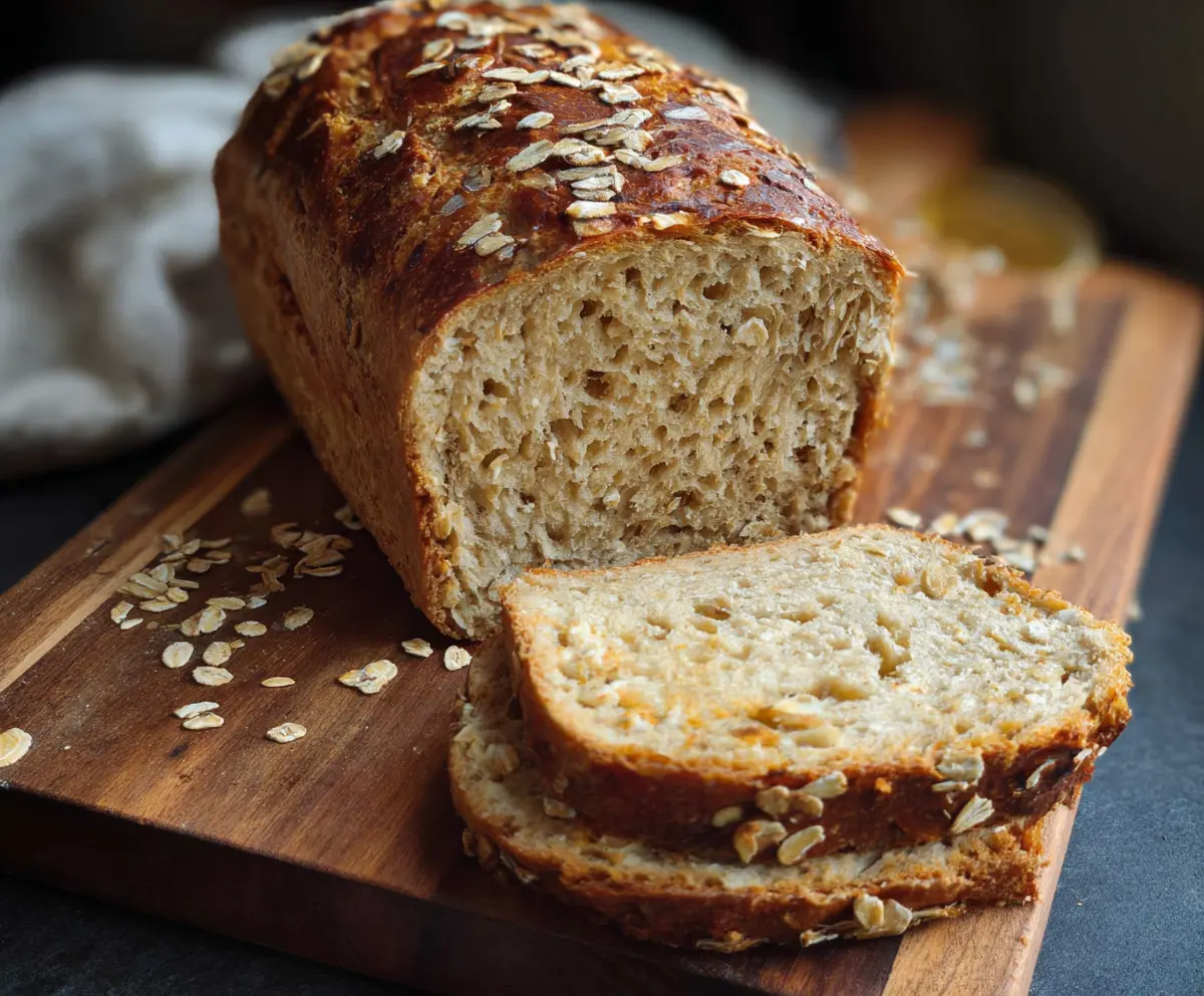 Fresh Honey Oat Sourdough Sandwich Bread sliced on a cutting board for a delicious homemade sandwich.