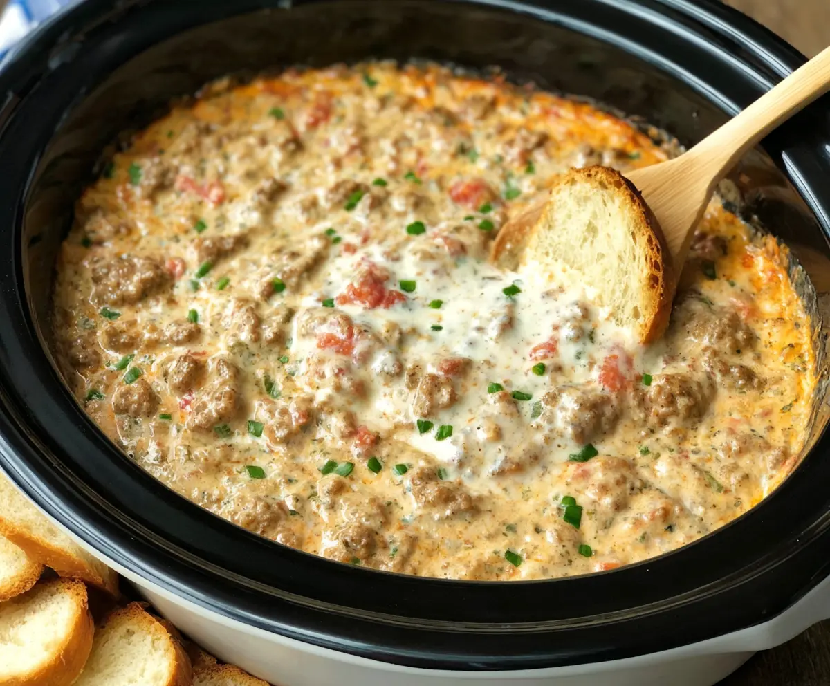 Creamy hot Ranch sausage dip served with tortilla chips, perfect for parties and gatherings.