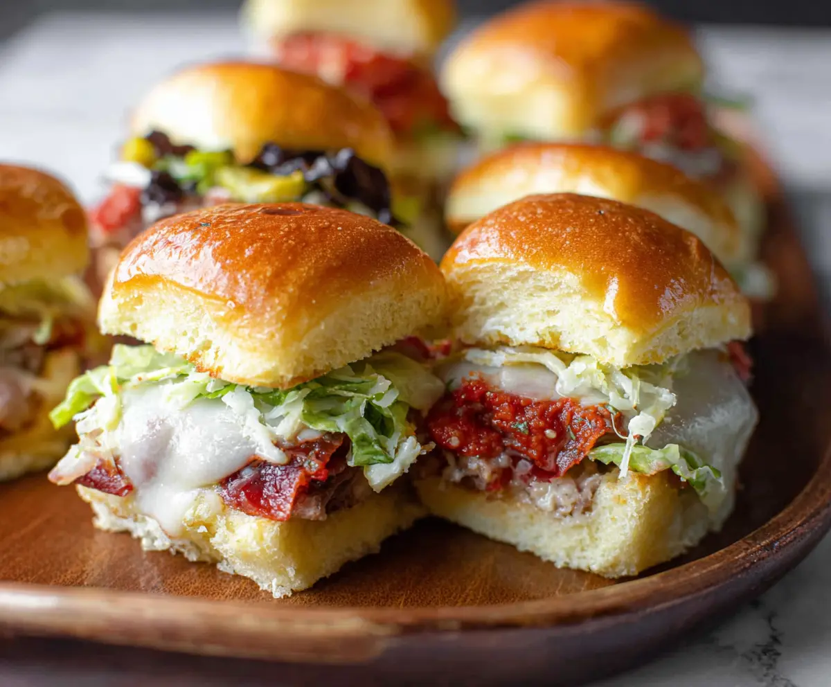 Delicious Italian Grinder Sliders with layers of ham, salami, cheese, and lettuce in soft buns.