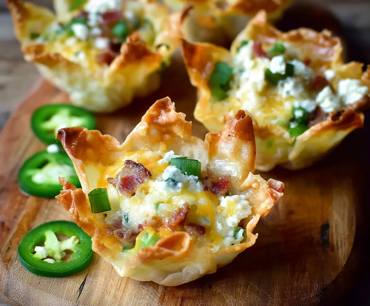 Crispy Jalapeno Popper Wonton Cups filled with cheesy jalapeno mixture, perfect for appetizers