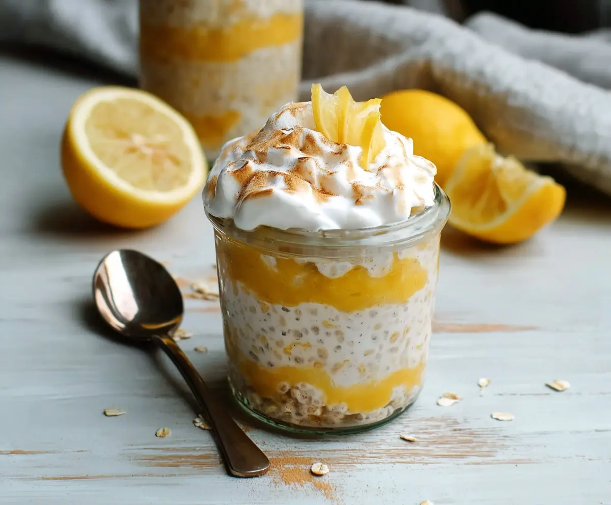 Delicious Lemon Meringue Pie Overnight Oats in a glass jar topped with lemon slices and fluffy meringue