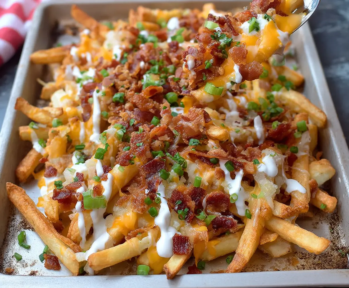 Delicious loaded bacon ranch French fries topped with crispy bacon, melted cheese, and fresh green onions on a rustic plate.