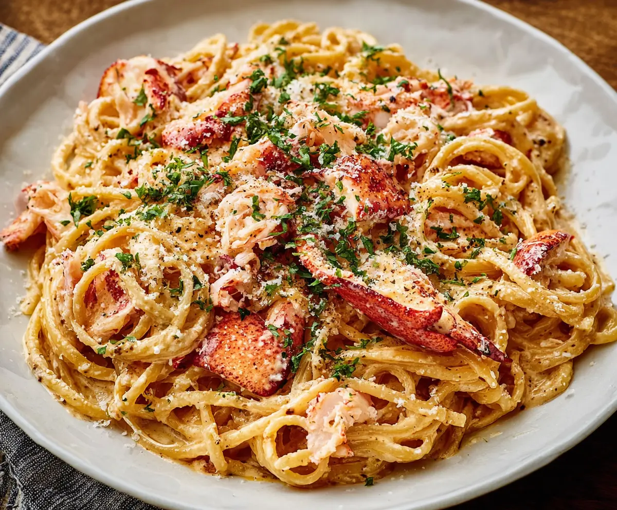 Delicious lobster pasta dish with fresh seafood and creamy sauce on a white plate