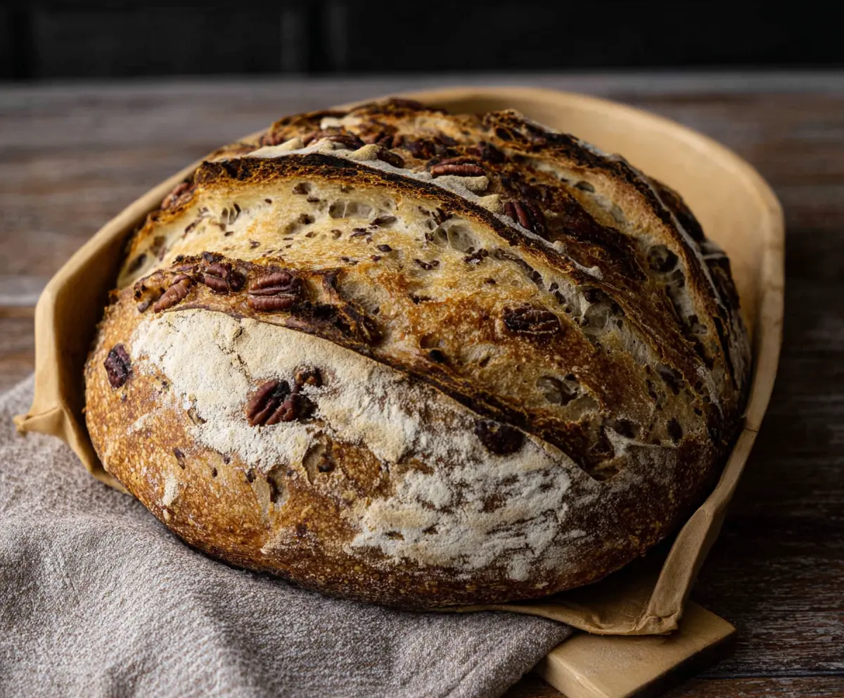 Golden Maple Pecan Sourdough Bread with a crunchy crust and nutty pecan topping.