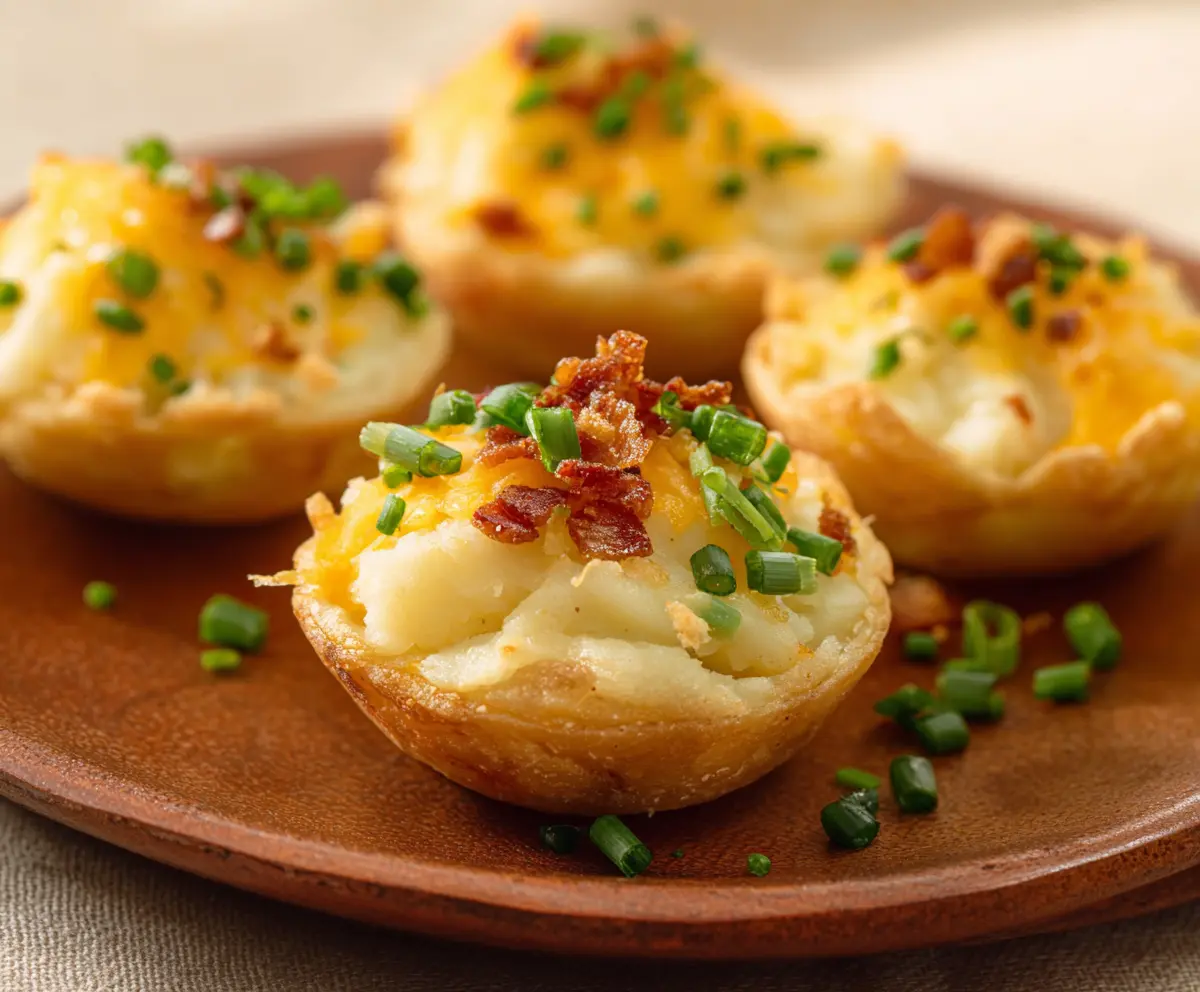 Delicious cheesy mashed potato bites served on a white plate, perfect for snacks or appetizers.