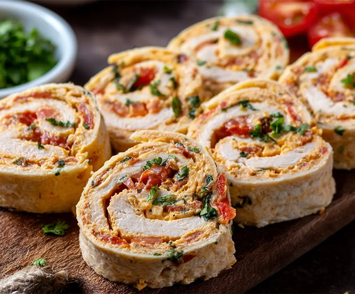 Delicious Mexican chicken pinwheel roll-ups with colorful ingredients and crispy tortilla wrap.