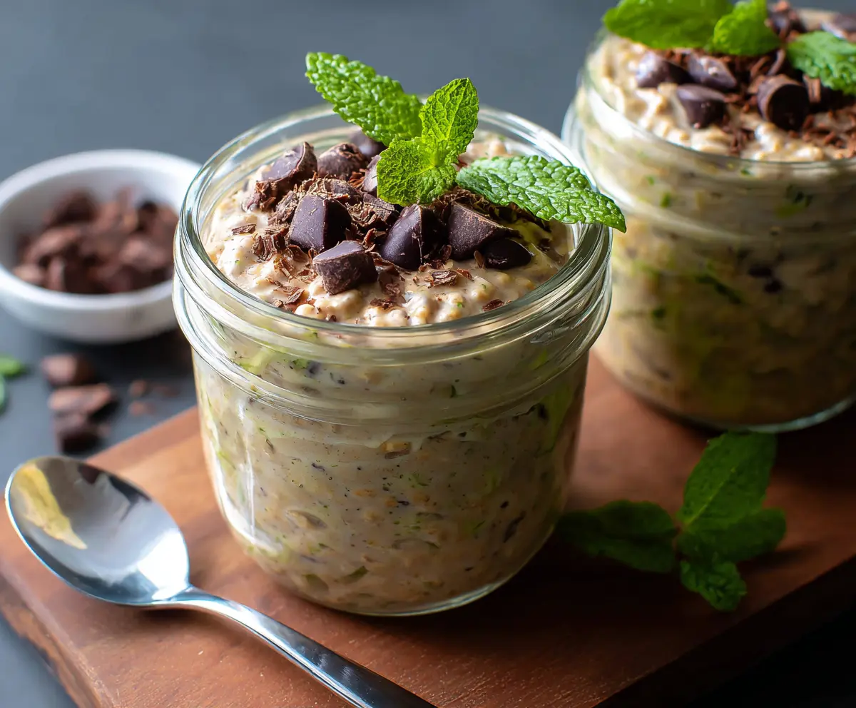 Creamy Mint Chocolate Chip Overnight Oats topped with fresh mint and chocolate chips, a healthy breakfast option.