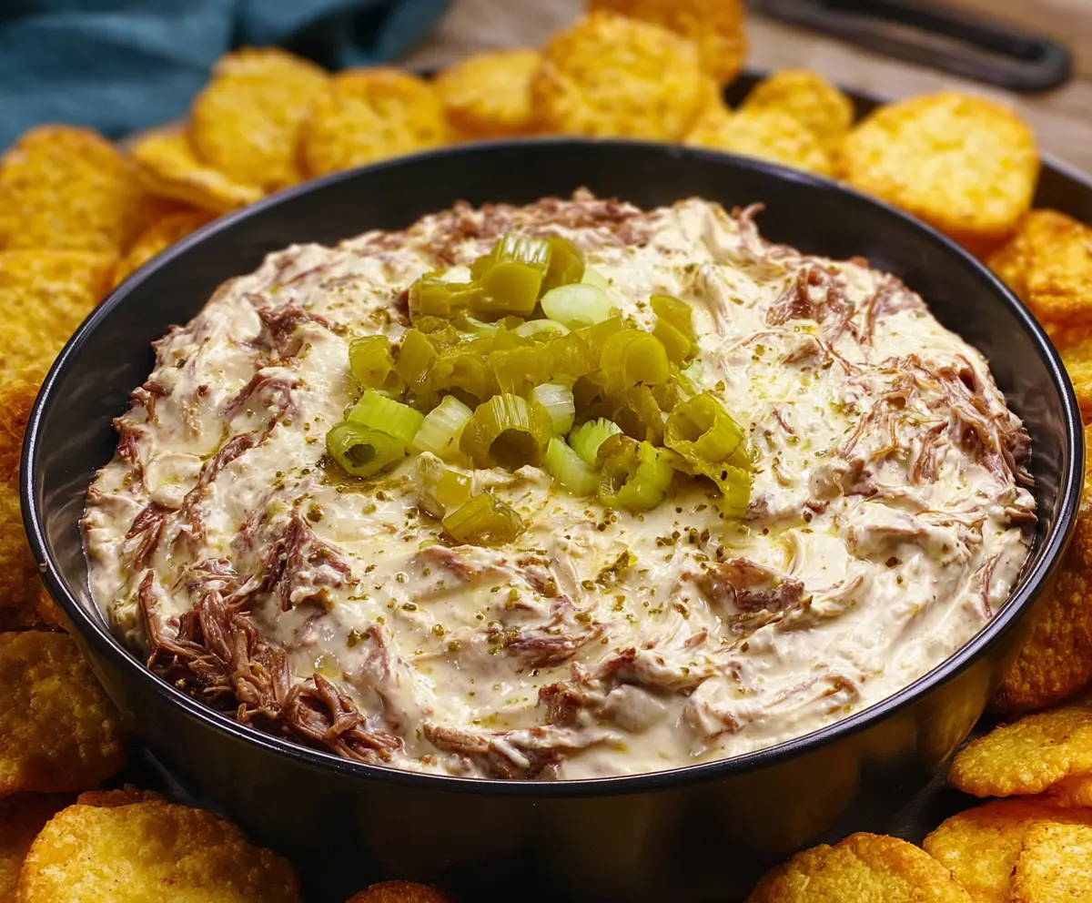 Delicious Mississippi Pot Roast Dip served with fresh vegetables and bread, perfect for parties.