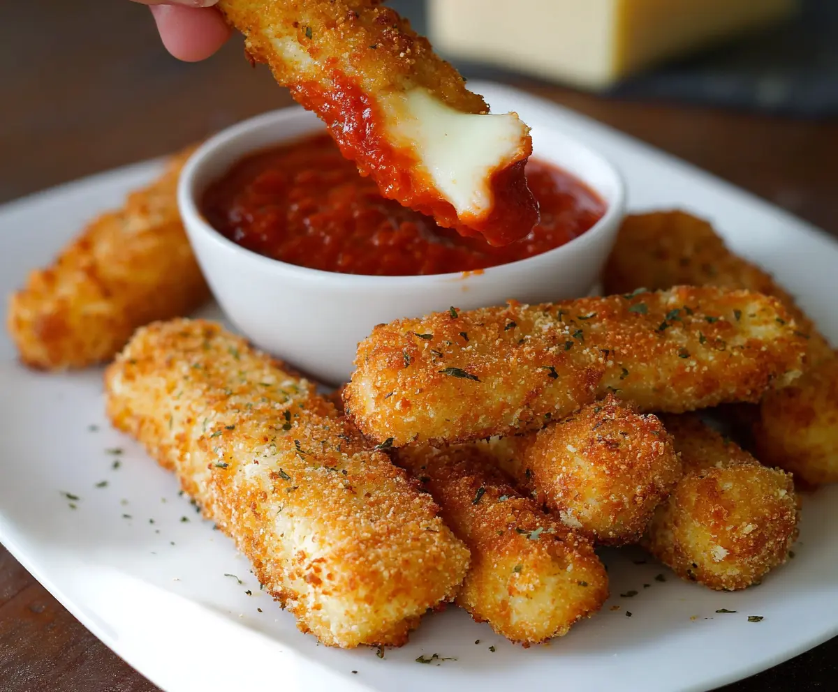 Crispy mozzarella sticks with melted cheese served with marinara sauce for dipping.