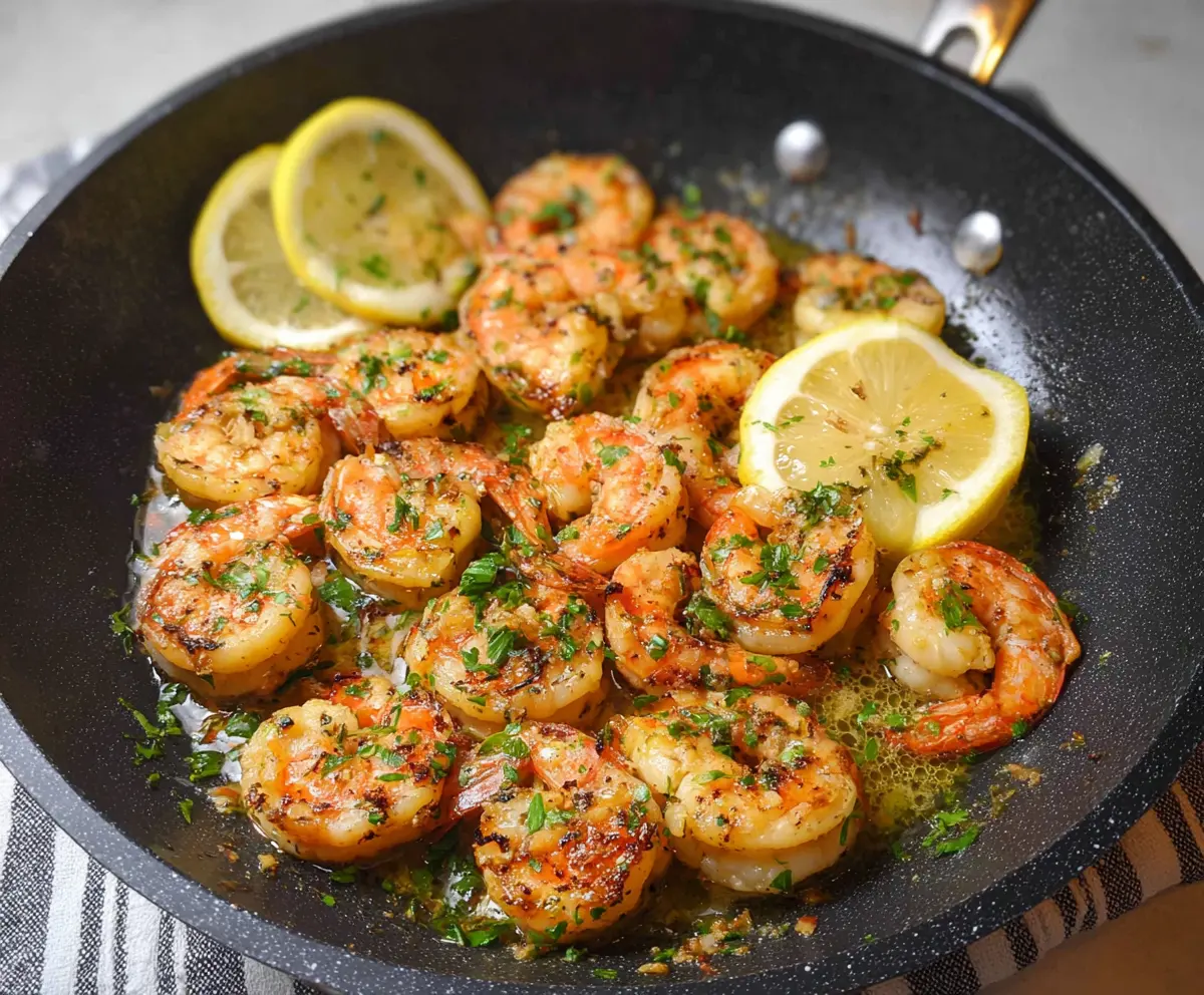 Delicious pan-seared lemon garlic shrimp served on a plate, garnished with fresh herbs.