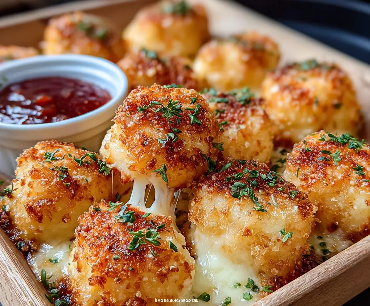 Crispy Parmesan Mozzarella Bites with golden melted cheese and savory herbs.