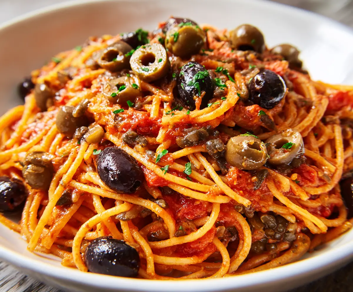 Delicious Pasta Puttanesca with olives, capers, and tomatoes served on a plate.