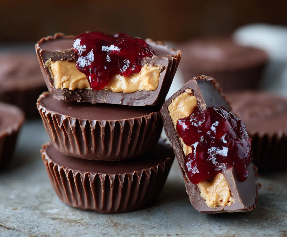 Delicious peanut butter and jelly cups with creamy peanut butter and fruity jelly in cupcake liners.