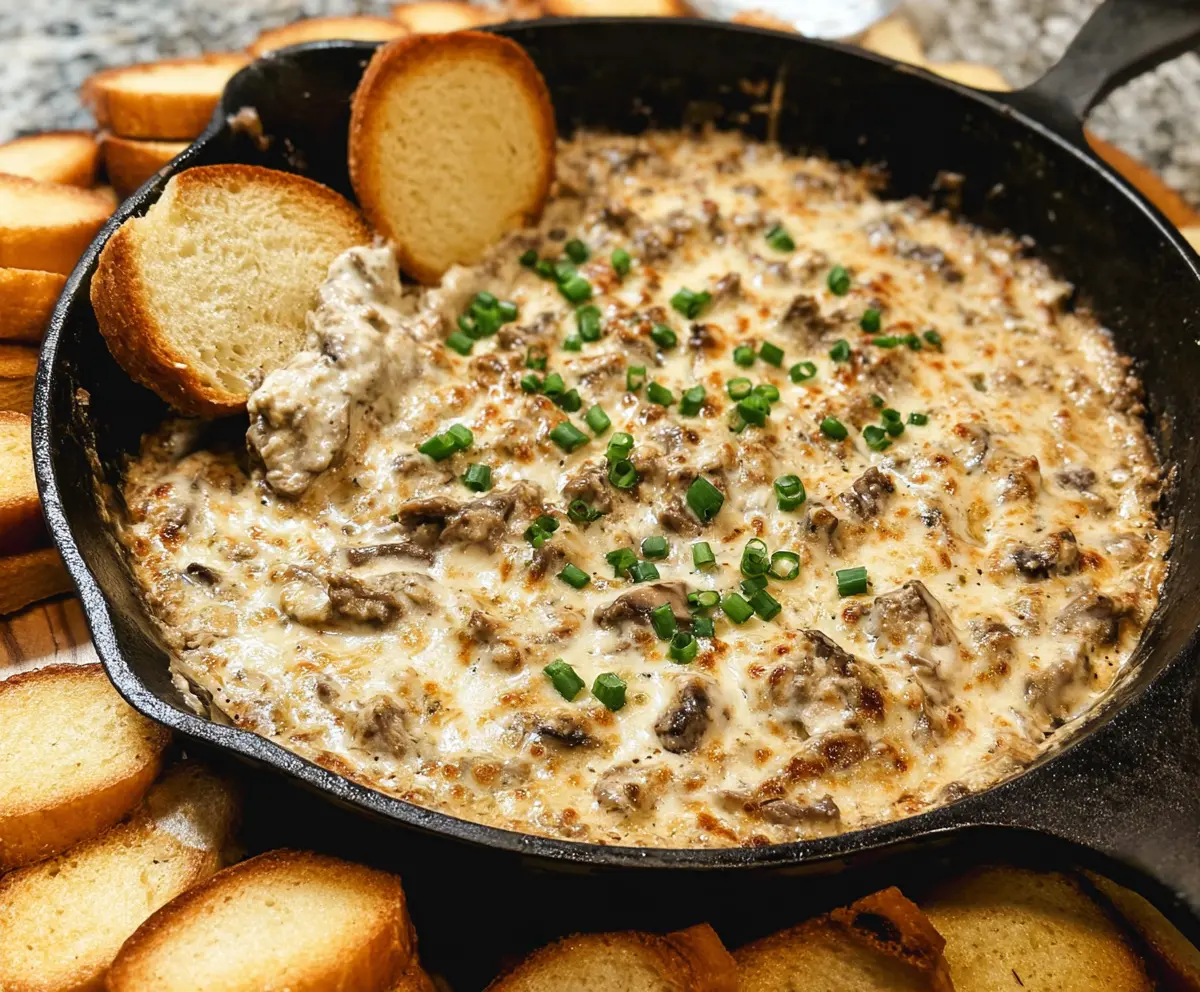 Delicious Philly Cheesesteak Dip with melted cheese, thinly sliced steak, and peppers in a serving bowl.