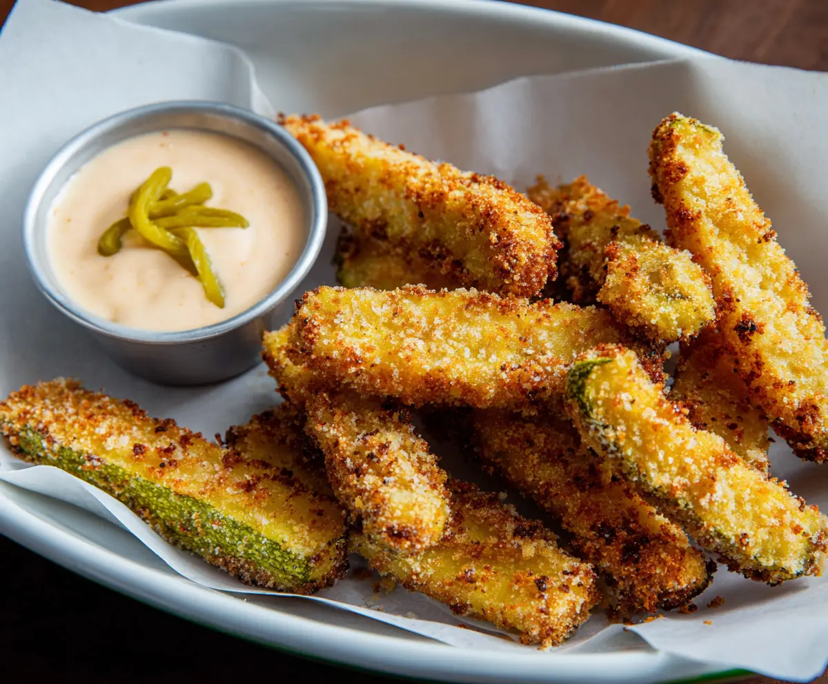 Crispy pickle fries served with dipping sauce on a wooden plate