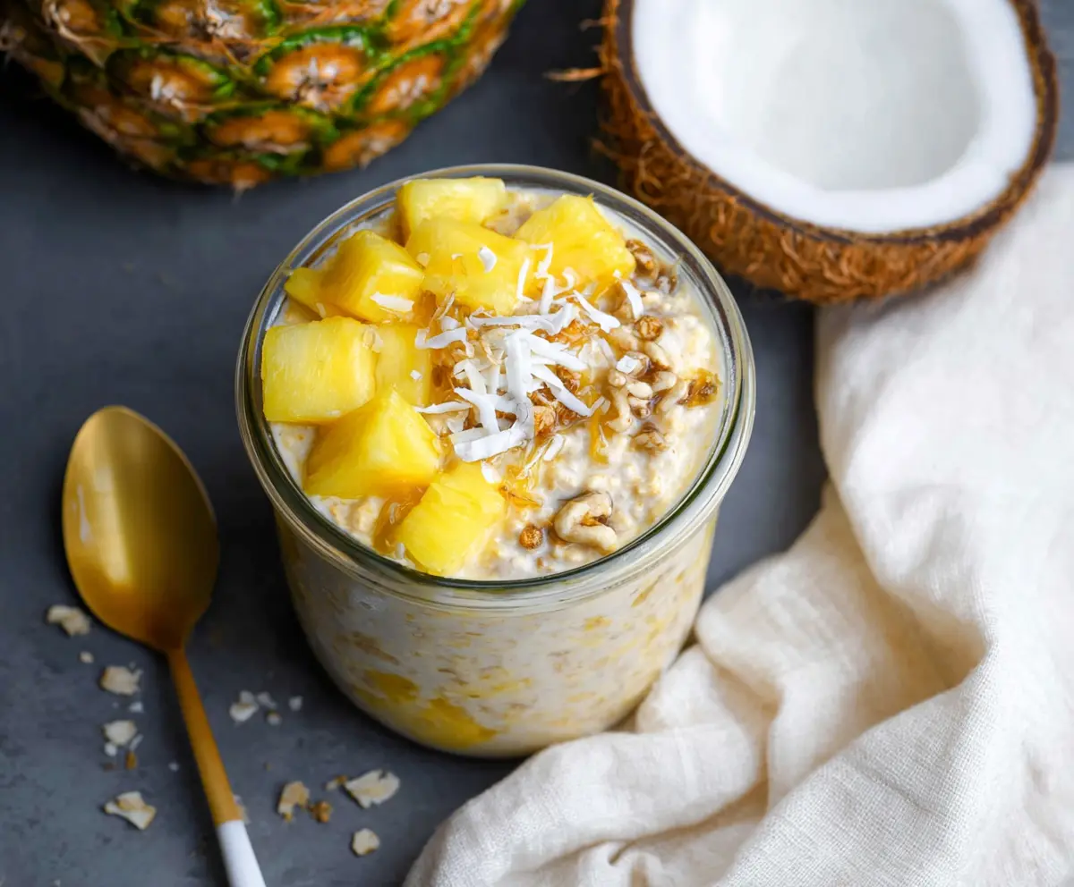 Creamy pineapple overnight oats in a glass jar with fresh pineapple chunks on top, perfect for a healthy breakfast.