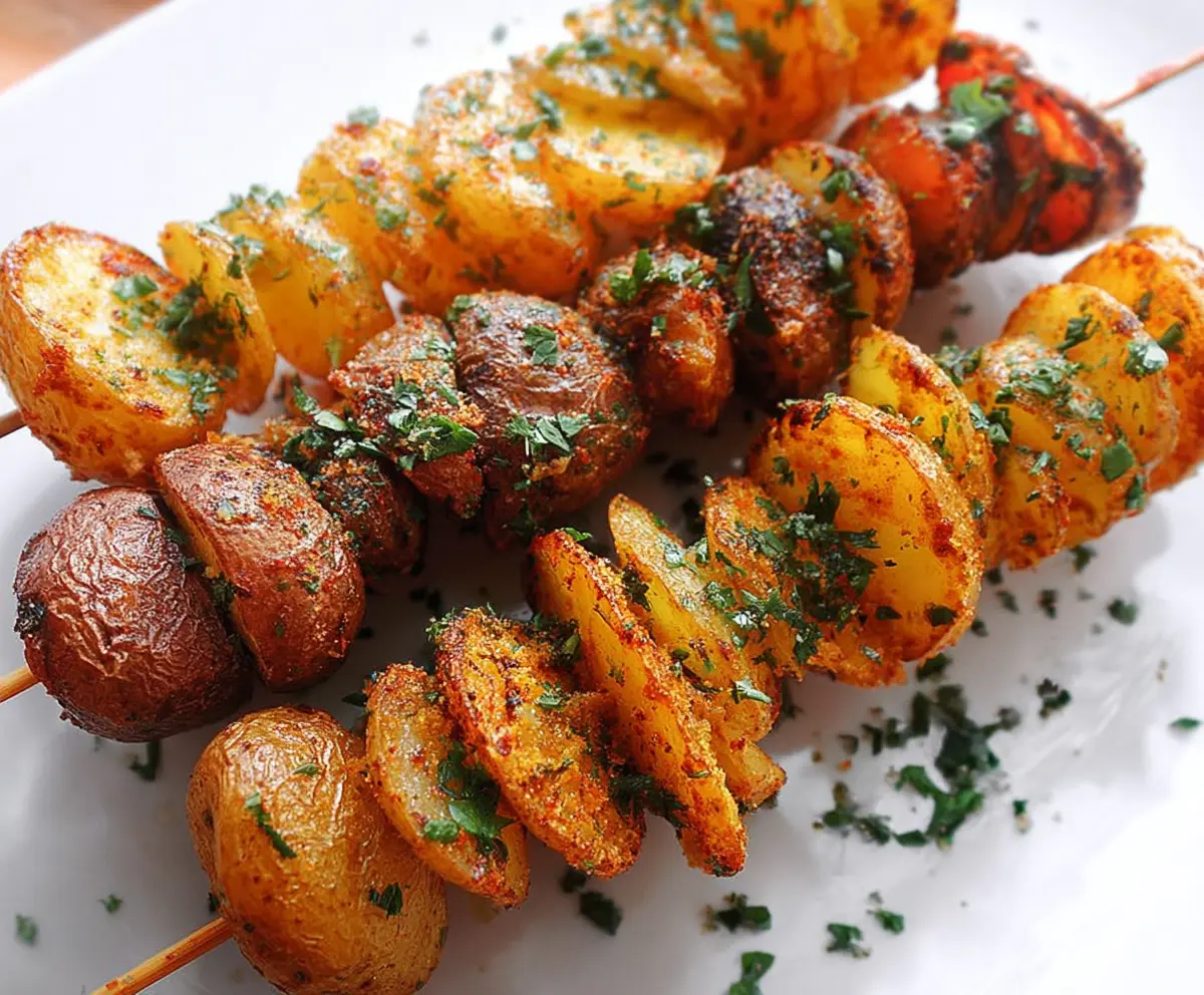 Scrumptious grilled potato skewers with herbs on a wooden serving platter.