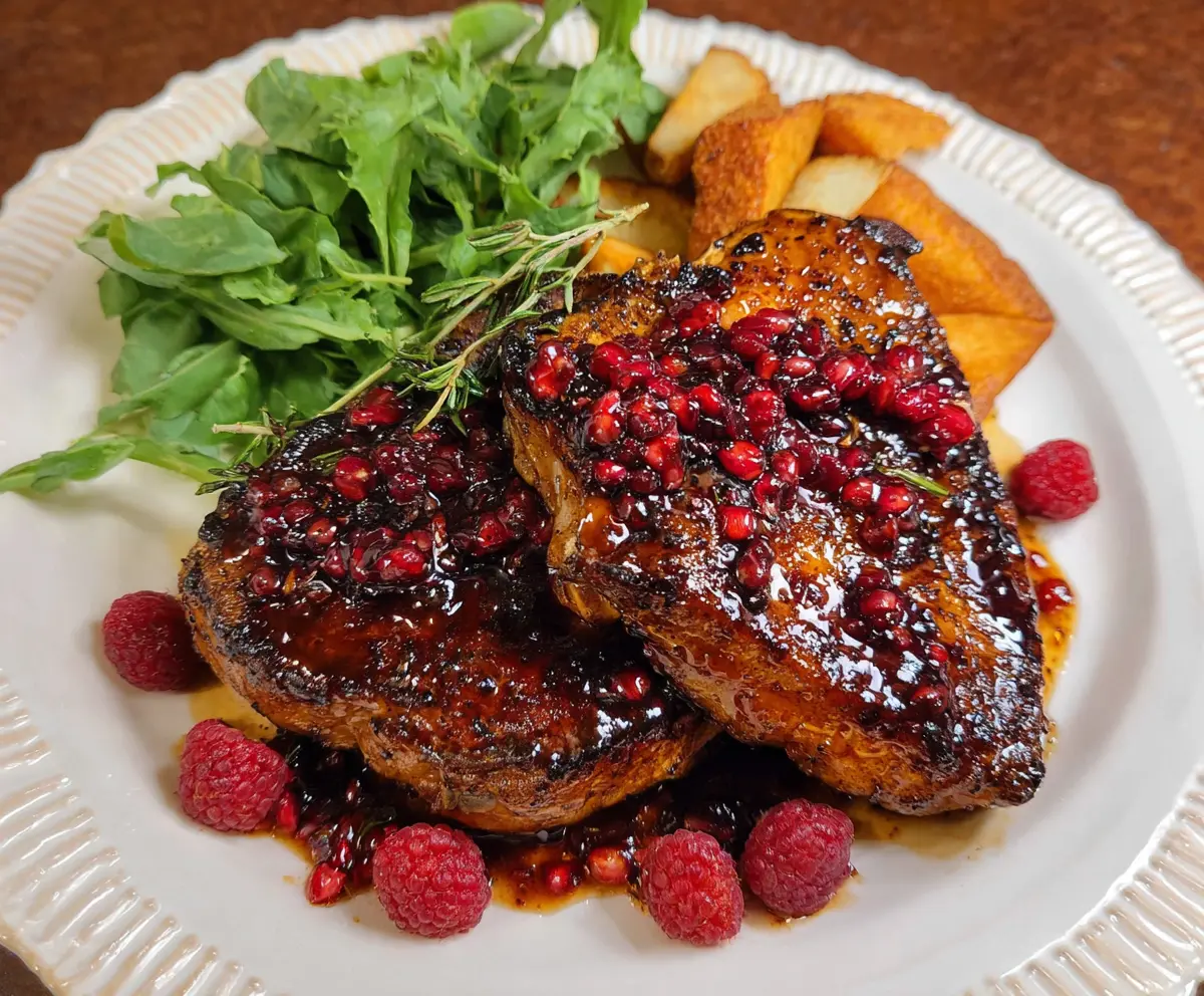 Juicy pork chops glazed with vibrant raspberry sauce served on a plate.