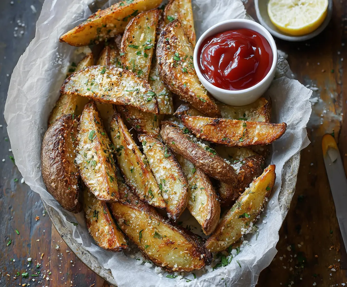 Golden roasted garlic Parmesan potato wedges served with herbs and dipping sauce.