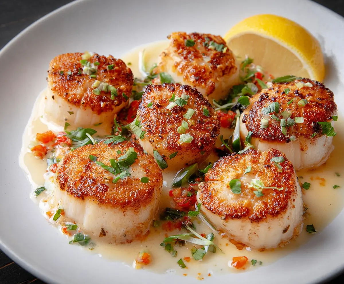 Delicious seared scallops served on a white plate with lemon wedges and herbs.