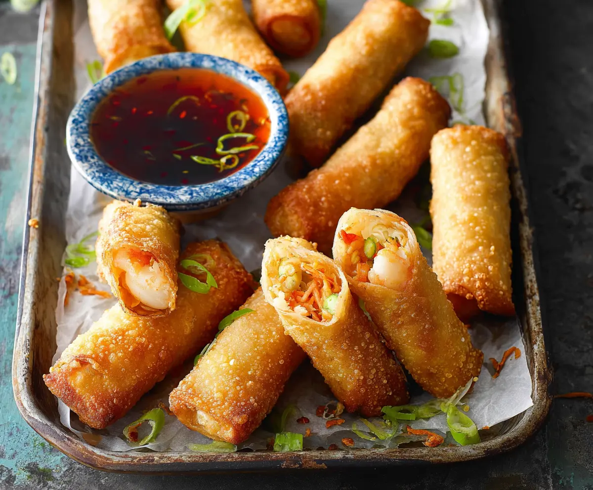 Crispy shrimp egg rolls served with dipping sauce on a white plate.