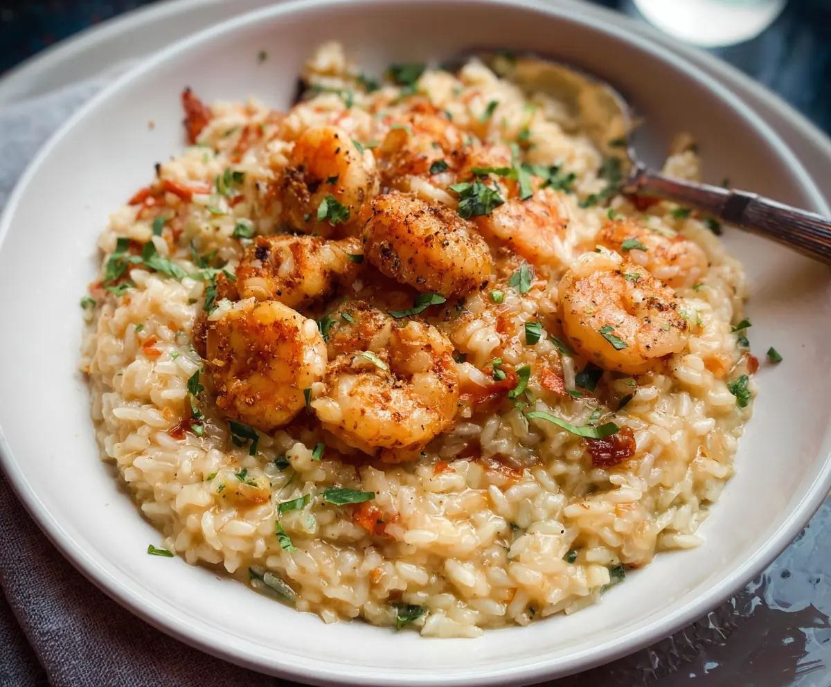 Delicious shrimp risotto served in a white bowl, garnished with fresh herbs.