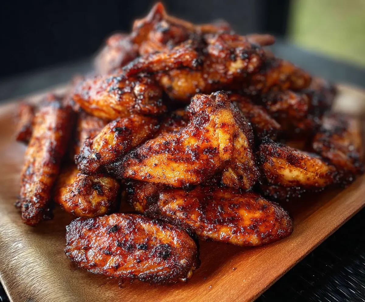 Juicy smoked chicken wings with crispy skin served on a platter, perfect for barbecues and gatherings.