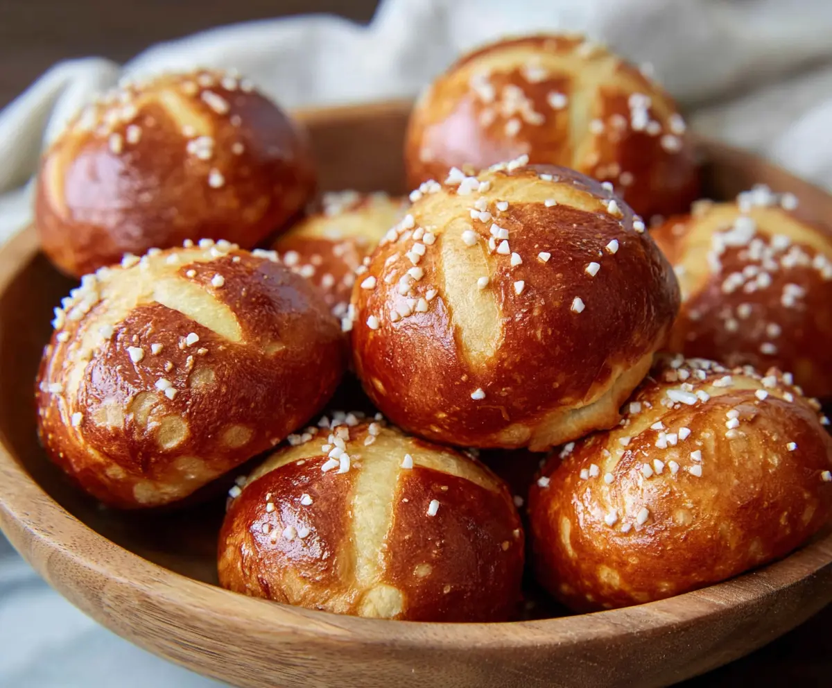 Delicious soft pretzel buns fresh out of the oven, showcasing their golden-brown crust and soft interior.