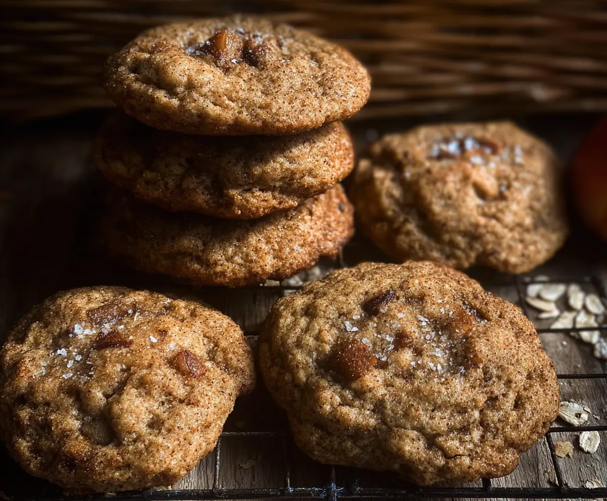 Delicious Sourdough Apple Cider Cookies fresh out of the oven with a golden crust and apple slices.