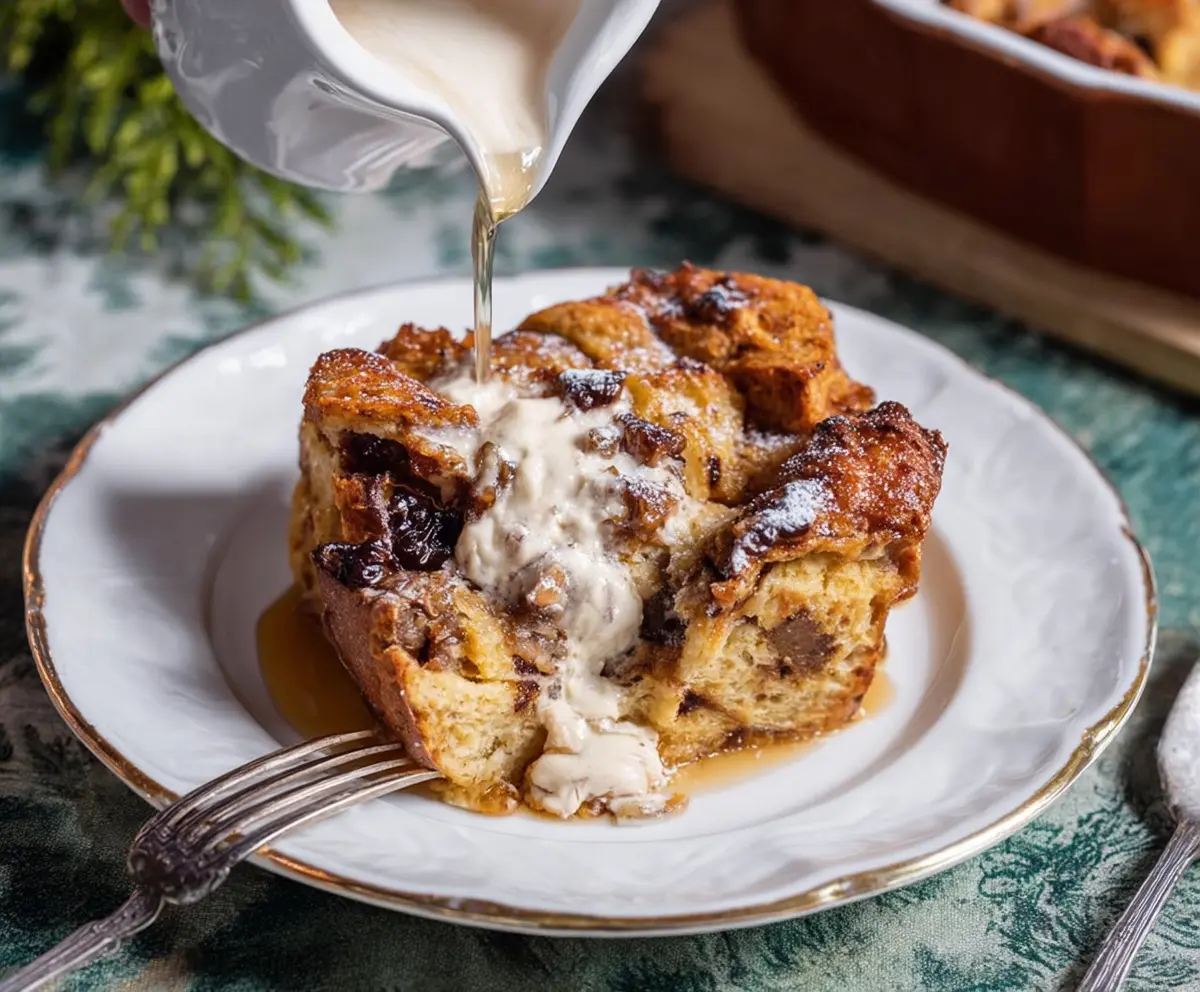Delicious homemade sourdough bread pudding with golden crust and creamy interior