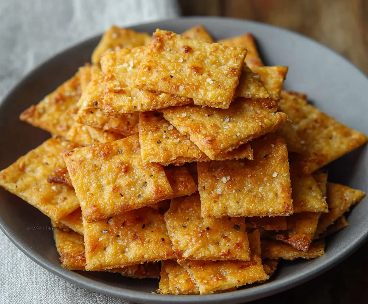 Homemade sourdough cheese crackers served on a wooden board, crispy and cheesy snack.