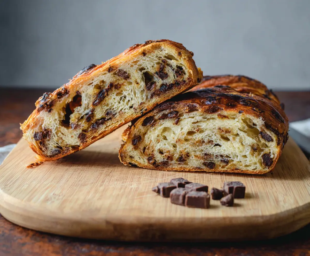 Delicious sourdough chocolate chip croissant bread fresh out of the oven showcasing flaky layers and melted chocolate.