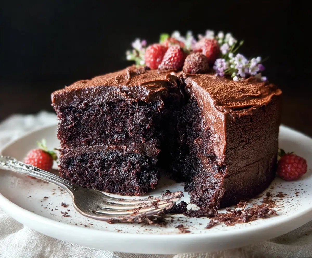 Delicious sourdough discard chocolate cake ready to serve