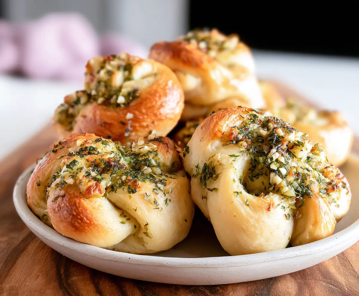 Delicious homemade sourdough discard garlic knots on a rustic wooden table