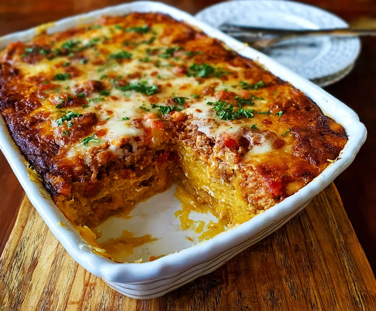 Delicious spaghetti squash lasagna with layers of melted cheese and fresh herbs.