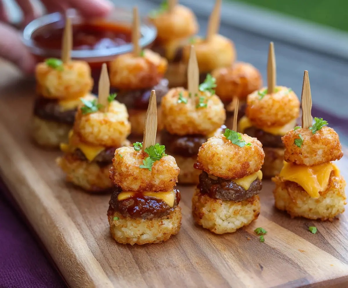 Delicious Tater Tot Mini Cheeseburger Bites served as a crispy appetizer with melted cheese and savory beef.