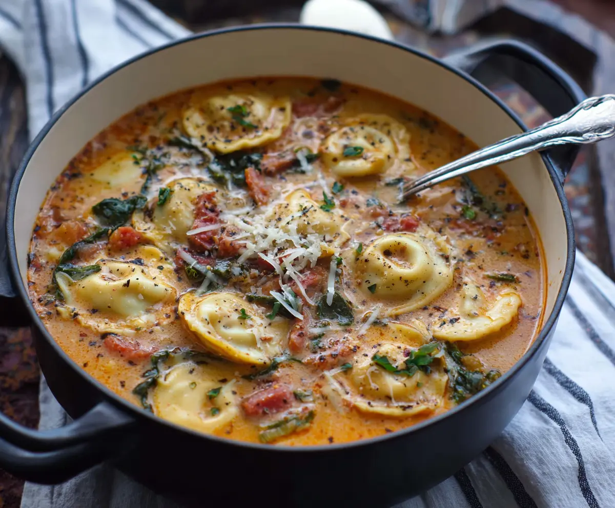 Hearty Tuscan Ravioli Soup in a bowl with fresh herbs and vegetables