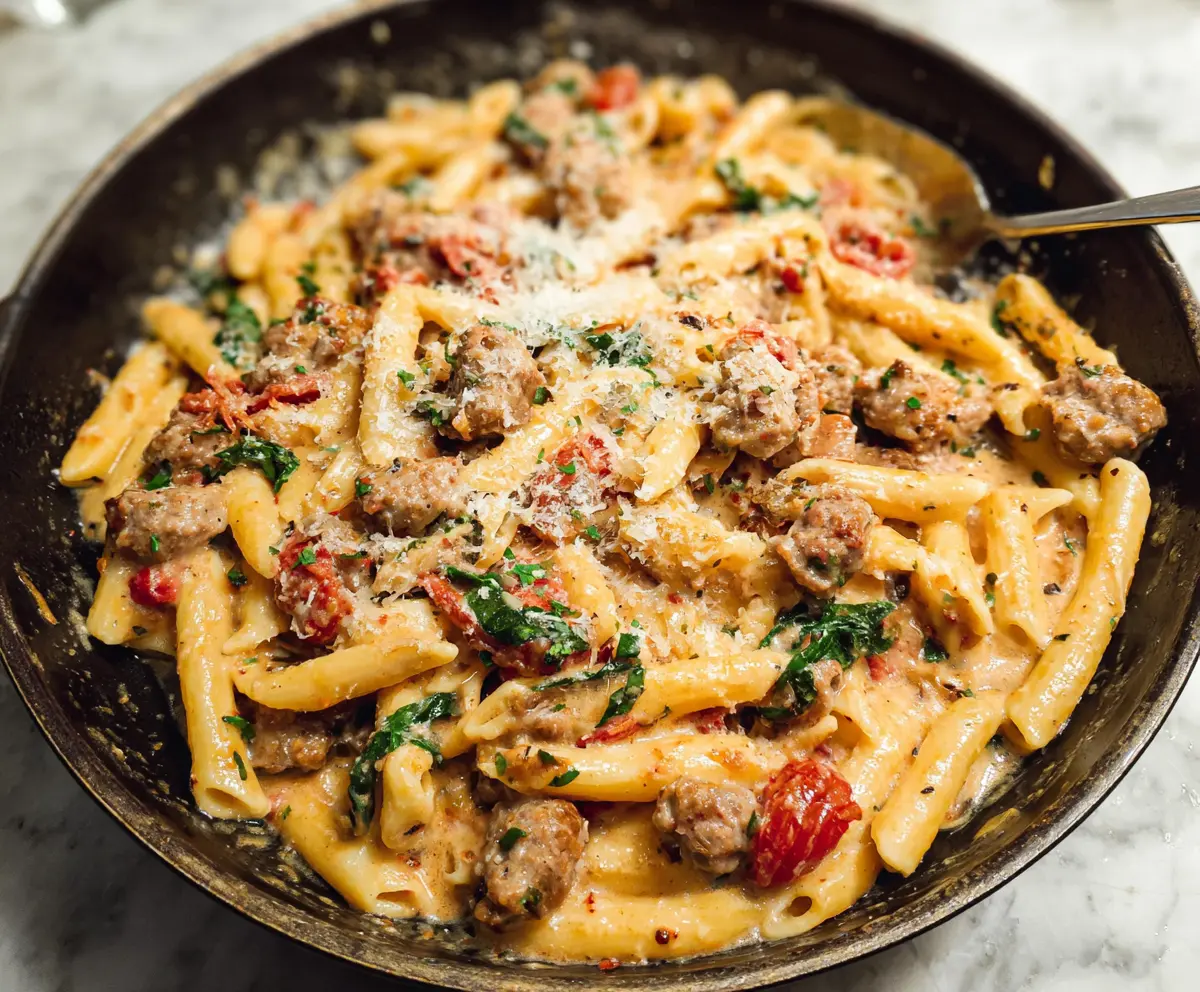 Delicious Tuscan sausage pasta dish with colorful vegetables and herbs